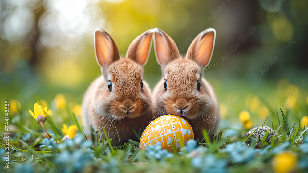 Wall mural Cute easter bunnies with easter egg on green grass.  - Wall murals