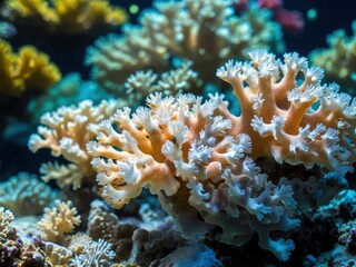 Fototapeta premium Coral bleaching linked to elevated sea temps: Loss of symbiotic zooxanthellae threatens Pacific reef. Impact of sea temp rise on Pacific reef