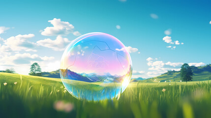 Beautiful floating soap bubbles on natural abstract multicolor background