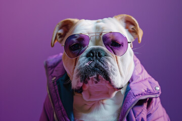 Bulldog wearing clothes and sunglasses on Purple background