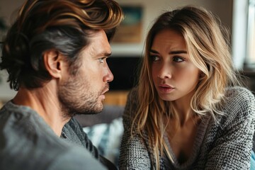 Fototapeta premium A woman with brown hair and a captivating gaze meets the eyes of a man, their clothing and hairstyles speaking volumes about their personalities and the unspoken tension between them