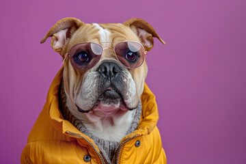 Bulldog wearing clothes and sunglasses on Purple background