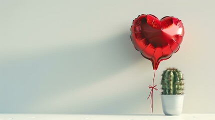Red heart-shaped balloon tied to a cactus pot. contrasting objects creating a minimalist style photo. perfect for themes of love and difference. AI - obrazy, fototapety, plakaty