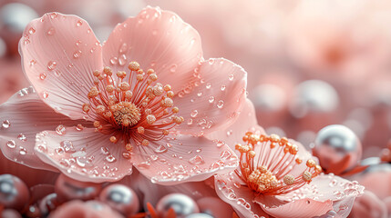 3d illustration of beautiful pink sakura flowers with drops of water. 