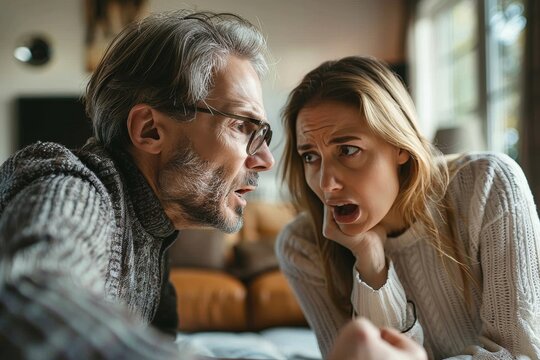 A woman's smile lights up the room as she locks eyes with the man wearing glasses, their human connection palpable in the indoor setting