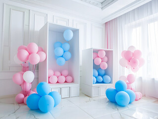 Bright decoration in the form of large boxes with balloons, from which pink or blue balloons fly out.
