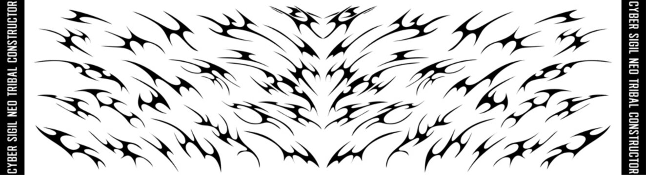 Neo tribal art constructor. Y2k cyber sigil aesthetic tattoo, simmetric ethnic celtic shape. Vector illustration of emo gothic tribal tattoo designs, acid metal music poster.