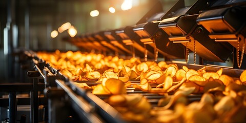 Efficient assembly line packages potato chips for snack distribution in factory. Concept Assembly Line Efficiency, Snack Packaging, Potato Chips, Factory Operations, Distribution Management