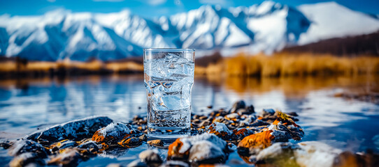 A glass of cold water with ice on the background of snowy mountains and sunset.