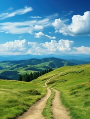 Naklejka premium Dirt road cutting through lush green field