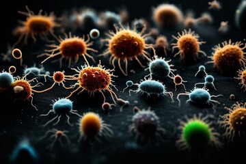 Macro shot of different types of microbes. Virus cells and bacteria on black background. - obrazy, fototapety, plakaty