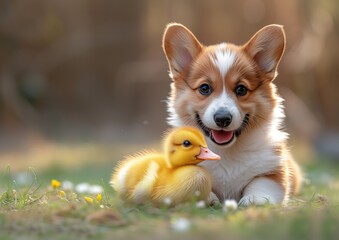 A corgi dog and a duck.