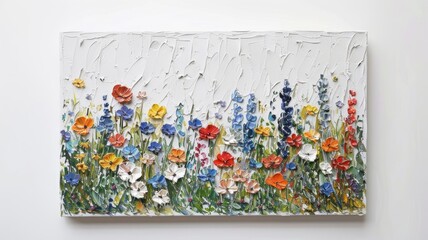 oil painting depicting a wildflower field with a very thick impasto background on a white canvas, the impasto technique to create texture, while using muted calm colors.
