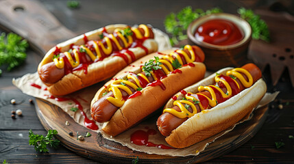 Hot tasty hotdog with sauce on wooden background - obrazy, fototapety, plakaty