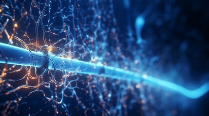 3D illustration. Artificial neuron in concept of artificial intelligence. Wall-shaped binary codes make transmission lines of pulses and/or information in an analogy to a microchip - obrazy, fototapety, plakaty