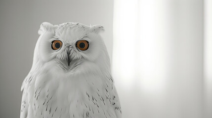 Wisdom concept, white owl in a spacious bright apartment