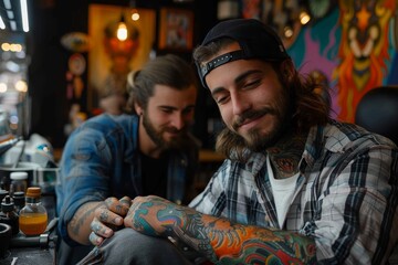 Obraz premium A rugged man with a bearded face sits in an urban pub, his arms adorned with intricate tattoos as he enjoys a cold beer, exuding a cool and edgy vibe