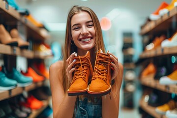 Fototapeta premium A smiling woman proudly displays her new pair of fashionable shoes while shopping indoors at a clothing store