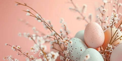 Fotobehang Banner of pastel peach fuzz colour and light blue colored Easter eggs cradled by smal flowers against a soft peach background. Idea for minimalist spring themed decor and Easter celebrations © Silga