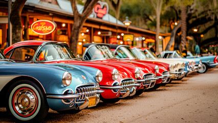 Row of vibrant vintage cars lined up on a city street at dusk with glowing neon signs in the background. - obrazy, fototapety, plakaty