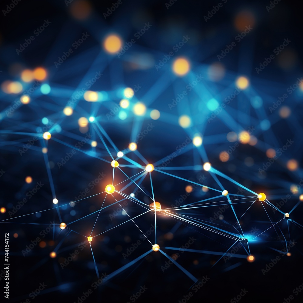 Poster conceptual cyber networks with points and pathways, denoting online data exchange, ideal for technol