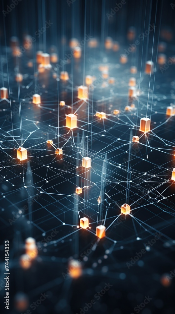 Poster cybernetic network designs with interconnected elements, symbolizing digital interaction, ideal for 