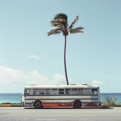 Vintage Bus Parked by the Seaside with Palm Tree