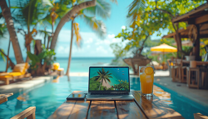 Modern laptop on wooden table in Tropic island restaurant with swimming pool. Digital nomads lifestyle, remote working, blogging,stocks trading concept image - obrazy, fototapety, plakaty