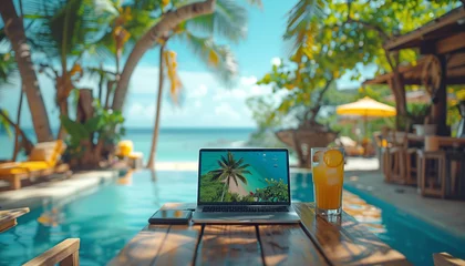 Poster Modern laptop on wooden table in Tropic island restaurant with swimming pool. Digital nomads lifestyle, remote working, blogging,stocks trading concept image © Train arrival