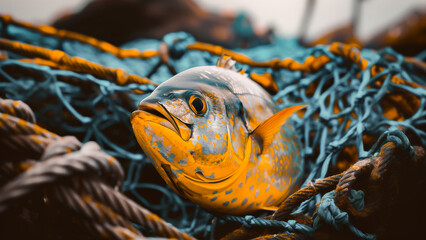 A vivid yellow fish entangled in a blue fishing net, depicting marine life and the fishing industry. - obrazy, fototapety, plakaty