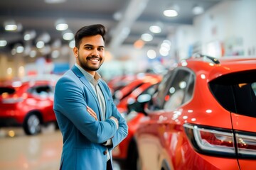Cheerful car salesman in professional attire smiling in a showroom with new cars, representing customer service and sales. - obrazy, fototapety, plakaty