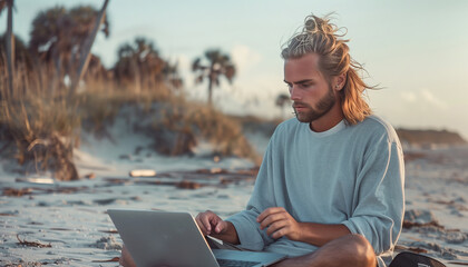 Handsome young man sitting on wide sandy sunset beach on the tropic island exotic beach with modern laptop. Digital nomads lifestyle, remote working, blogging, stocks trading concept image. - obrazy, fototapety, plakaty