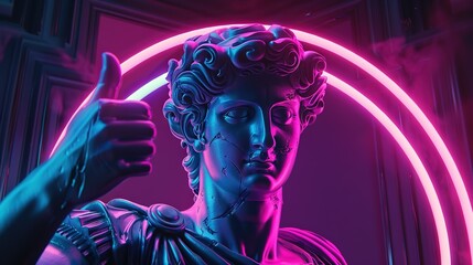 Statue of a woman giving a thumbs up is shown in neon pink and blue lighting