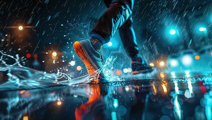 Blue hiking boot is stepping on a puddle, splashing water everywhere. The background is dark and the boot