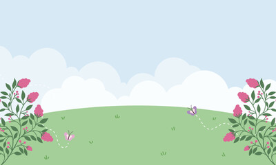 Cute kawaii floral landscape hill meadow background with butterfly