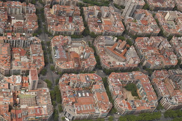 Detail from Aerial view of houses at Eixample residential district urban. Barcelona, Catalonia helicopter view horizontal