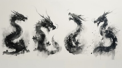 Four black and white dragon drawings on a white background. Generative AI.