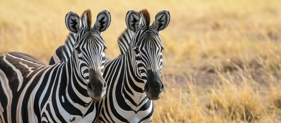 Fototapeta na wymiar Two zebras, native to their environment, standing side by side in a grassy field.