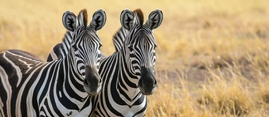  Two zebras, native to their environment, standing side by side in a grassy field. © AkuAku