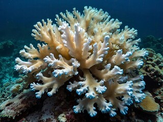 Fototapeta na wymiar Coral bleaching linked to elevated sea temps: Loss of symbiotic zooxanthellae threatens Pacific reef. Threatened Pacific reef due to rising sea temps