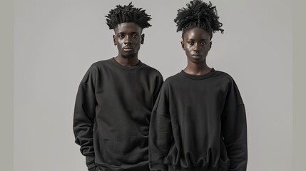 black male and female models standing side by side, black sweatshirts confident poses and stylish attire, the versatility and appeal of black clothing.