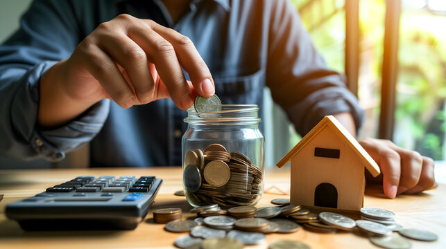 Une personne &eacute;conomisant de l'argent dans un bocal en verre pour un achat immobilier.