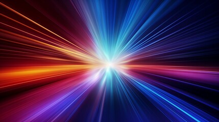 Abstract speed motion in urban highway road tunnel, blurred motion toward the light. Computer generated colorful illustration. Light trails, fiber optics technology background