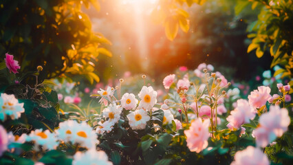 Fototapeta na wymiar Sunlit colorful garden with blooming flowers and vibrant petals on a serene and peaceful day.