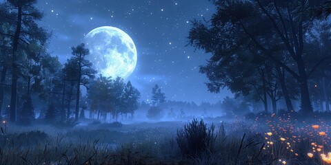 Fototapeta na wymiar Moonlit Nights Magic in a Tranquil Landscape - Enchanting Illumination and Mystery - Nighttime Radiance
