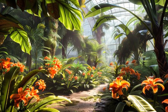 A vibrant photo of a lush tropical botanical garden with exotic flowers and green foliage bathed in sunlight.
