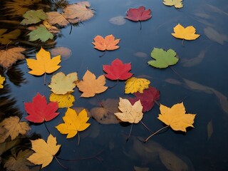 Autumn foliage in pond with floating leaves of multiple colors, Colored leaves floating on top of a body of water. Serene pond setting with colorful autumn foliage