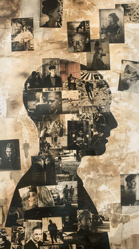 Collage of historical photographs forming a silhouette, perfect for educational materials or documentary backgrounds.