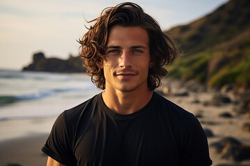 Handsome young male surfer standing on a surfboard in the middle of the sea. Generative Ai - Powered by Adobe