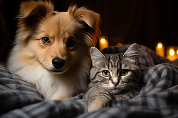 Fototapeta na wymiar Cat and dog lying together on knitted blanket. Generative Ai